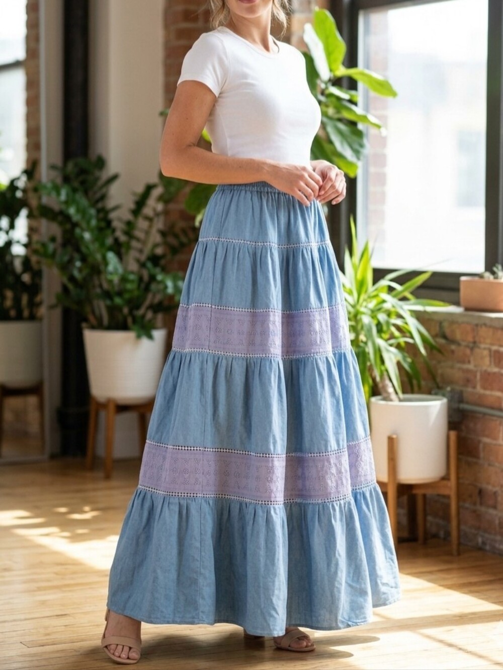 Fabrique Womens Cotton Maxi skirt Lightweight Denim Size Medium Boho Resort